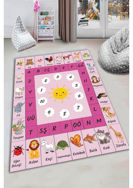 Esta Pembe Öğretici Çocuk Odası Halısı (Makinada Yıkanabilir Kaymaz Dot Taban) - ES1170