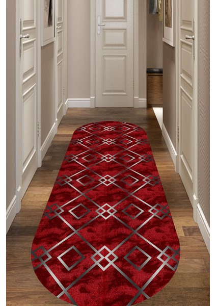 Esta Prizma Desenli Dokulu Kırmızı Oval Halı (Kaymaz Dod Taban Makinada Yıkanabilir 120X350) - ES1069