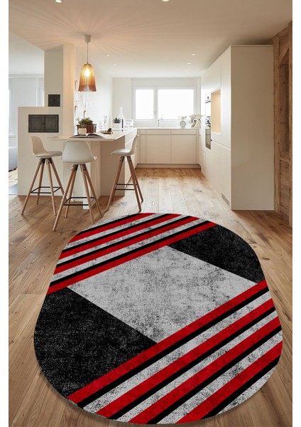 Woolly Kırmızı Karışık Desenli Oval Halı (Makinada Yıkanabilir Kaymaz Dot Taban) - ES1257-2