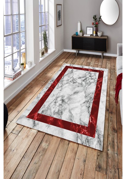 Woolly Kırmızı Köşeli Mermer Desenli Halı (Makinada Yıkanabilir) - ES465