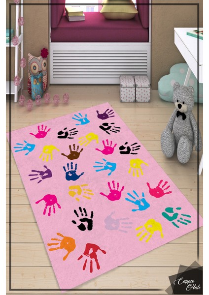 Woolly Pembe El Desenli Çocuk Halısı Genç Odası Halısı (Makinada Yıkanabilir Dot / Keçe TABAN)-ES746