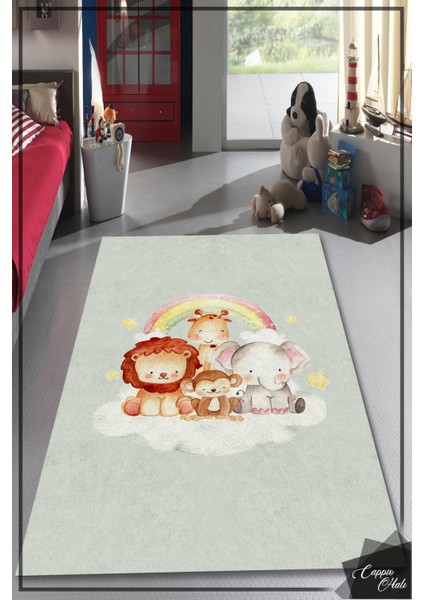 Woolly Sevimli Hayvanlar Çocuk Odası Halısı Genç Odası Halısı (Makinada Yıkanabilir Dot / Keçe TABAN)-ES747