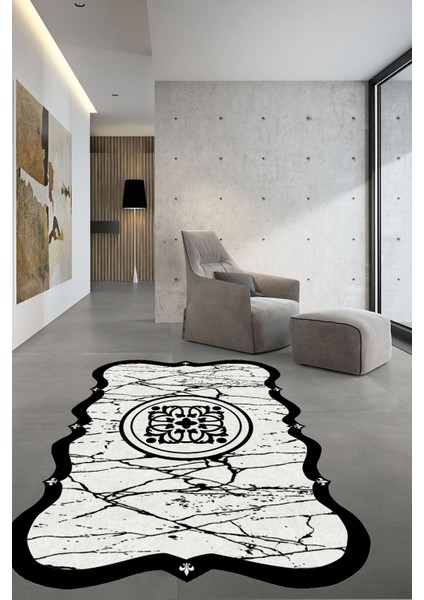 Woolly Lazer Kesim Mermer Desenli Beyaz-Siyah Halı (Kaymaz Dod Taban Makinada Yıkanabilir) - ES1071