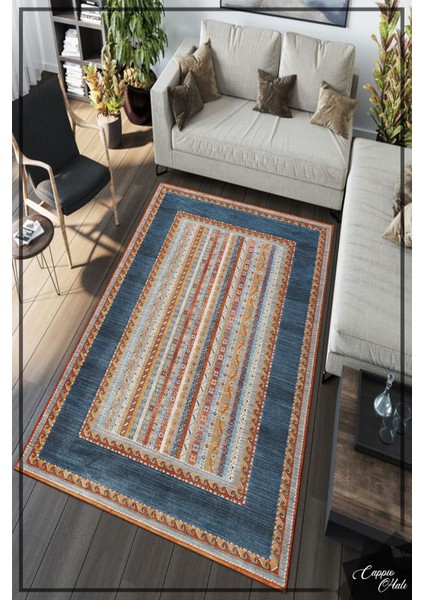 Woolly Mavi Afgan Salon Halısı Yolluk (Makinada Yıkanabilir Kaymaz Dod Taban) - ES1034