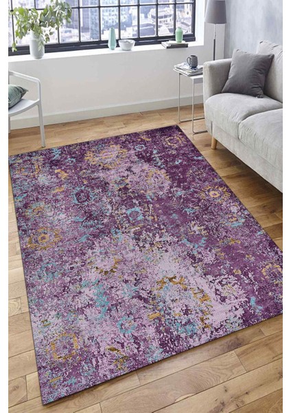 Woolly Mor Etnik Desenli Halı (Makinada Yıkanabilir Kaymaz Dot Taban) - ES1303