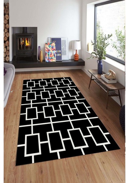 Woolly Siyah Kutu Desenli Halı (Makinada Yıkanabilir Kaymaz Dod Taban) - ES554
