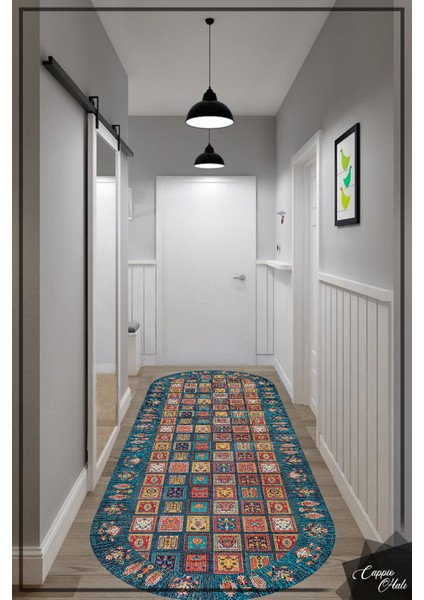 Woolly Mavi Afgan Desenli Oval Halı (Kaymaz Dod Taban Makinada Yıkanabilir) - ES649