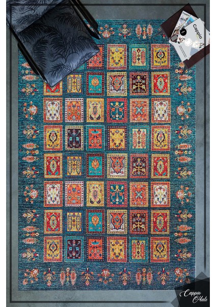 Woolly Mavi Afgan Desenli Halı (Kaymaz Dod Taban Makinada Yıkanabilir) - ES649