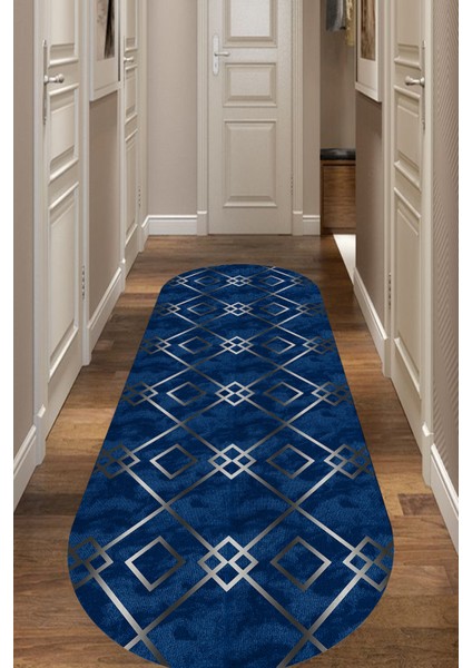 Woolly Prizma Desenli Dokulu Mavi Oval Halı (Kaymaz Dod Taban Makinada Yıkanabilir 80X250) - ES1070