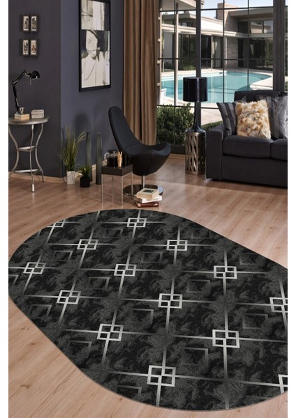 Woolly Prizma Desenli Dokulu Siyah Oval Halı (Kaymaz Dod Taban Makinada Yıkanabilir 180X200) - ES1068