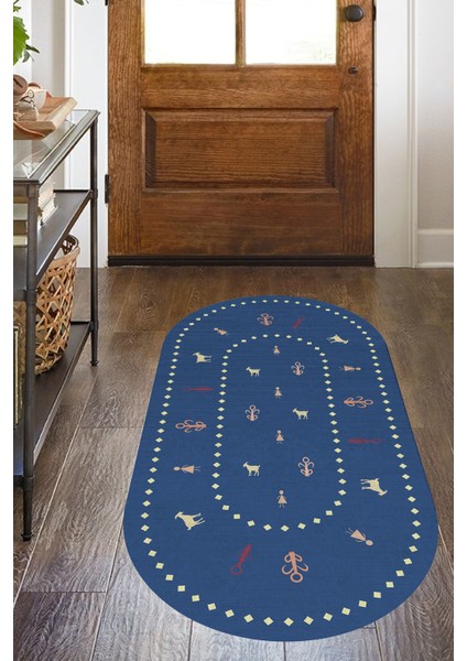 Woolly Mavi Göçebe Kilim Desenli Oval Halı (Makinada Yıkanabilir Kaymaz Dod Taban) - ES636