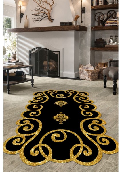 Woolly Lazer Kesim Siyah-Gold Halı Kaymaz Taban (Kaymaz Dod Taban Makinada Yıkanabilir) - ES1077