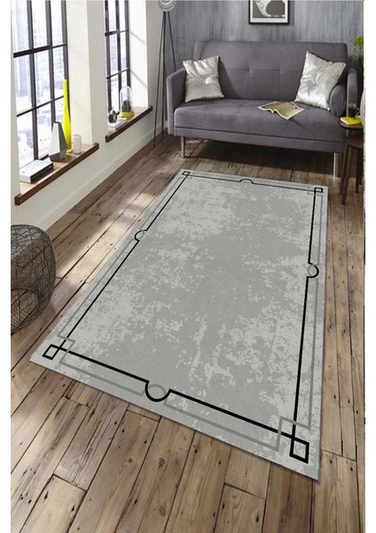 Woolly Modern Kenar Süslemeli Gri Halı (Makinada Yıkanabilir Kaymaz Dod Taban) - ES543