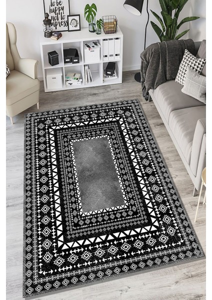 Woolly Siyah-Beyaz Klim Desenli Halı (Makinada Yıkanabilir Kaymaz Dot Taban) - ES1233
