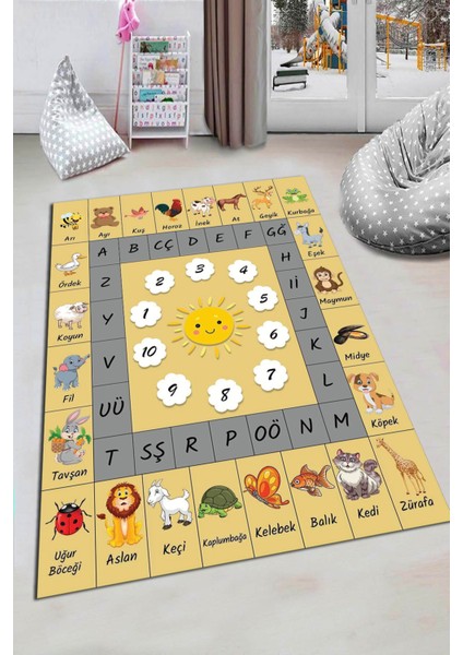 Woolly Sarı Öğretici Çocuk Odası Halısı (Makinada Yıkanabilir Kaymaz Dot Taban) - ES1169