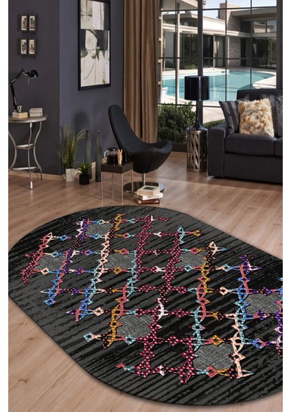 Woolly Renkli Molekül Desenli Siyah Oval Halı (Makinada Yıkanabilir Kaymaz Dot Taban) - ES1186