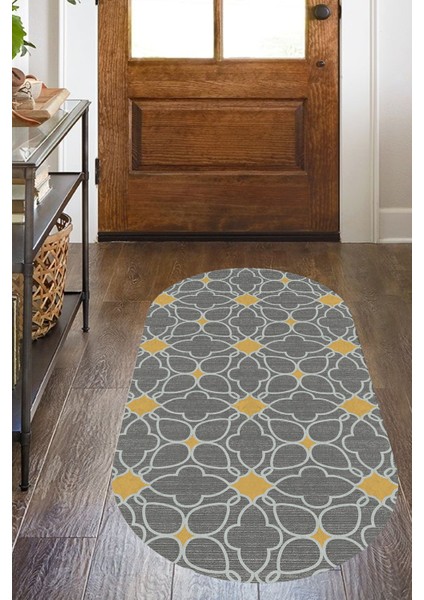 Woolly Sarı Motifli Oval Halı (Makinada Yıkanabilir Kaymaz Dod Taban) - ES573