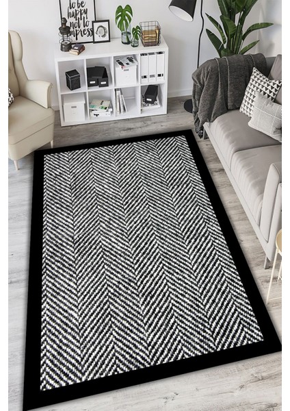 Woolly Siyah Çerçeveli Çizgisel Halı (Makinada Yıkanabilir Kaymaz Dot Taban) - ES1243