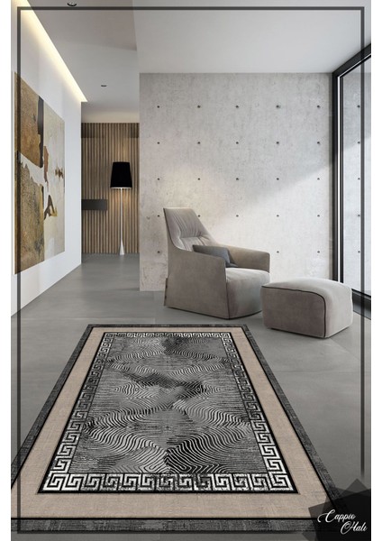Woolly Modern Çizgili Zincirli Siyah Beyaz Halı (Makinada Yıkanabilir Kaymaz Dod Taban) - ES1044