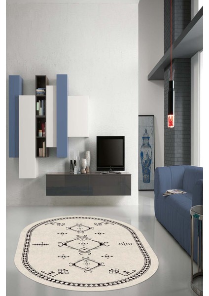 Woolly Siyah Geometrik Şekilli Kilim Desenli Oval Halı (Makinada Yıkanabilir Kaymaz Dod Taban) - ES624