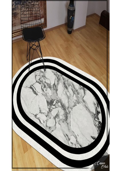 Woolly Siyah Beyaz Şeritli Mermer Desenli Oval Halı (Makinada Yıkanabilir Kaymaz Dot Taban) - ES1108