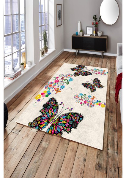Woolly Renkli Kelebekli Makinada Yıkanabilen Halı - ES455