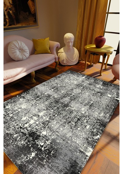 Woolly Siyah Eskitme Desenli Halı (Makinada Yıkanabilir Kaymaz Dot Taban) - ES1239