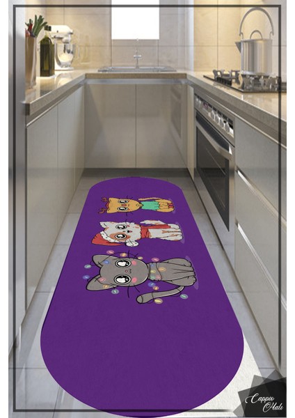Woolly Sevimli Kedi Desenli Mor Oval Halı (Makinada Yıkanabilir Kaymaz Dod Taban) - ES822