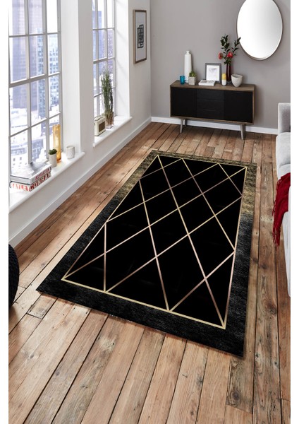 Woolly Siyah Gold Şeritli Dijital Baskılı Makinada Yıkanabilir Halı - ES229