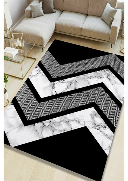 Woolly Siyah Zikzak ve Mermer Desenli Halı (Makinada Yıkanabilir Kaymaz Dot Taban) - ES1254