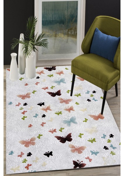 Woolly Renkli Kelebekli Makinada Yıkanabilen Halı - 025