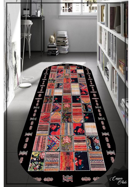 Woolly Siyah Afgan Desenli Oval Halı (Kaymaz Dod Taban Makinada Yıkanabilir) - ES651