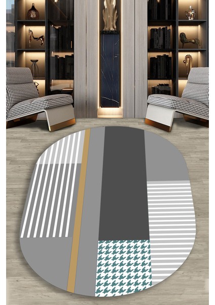 Woolly Şerit Desen Gri-Beyaz Oval Halı (Makinada Yıkanabilir Kaymaz Dot Taban) - ES1231-2