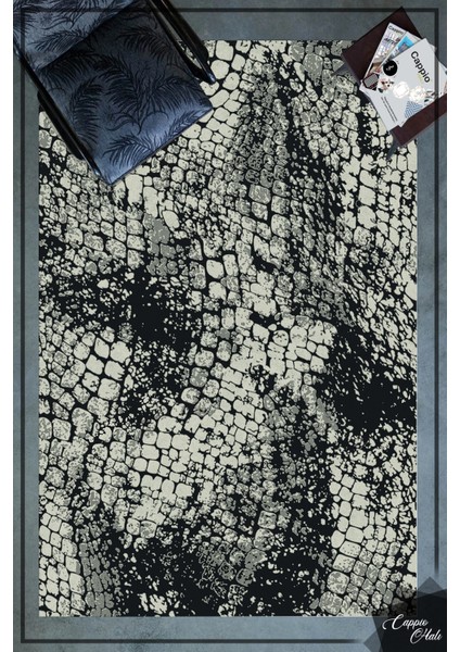Woolly Taş Desenli Siyah Halı Kaymaz Taban Halı Dijital Baskı (Kaymaz Dod Taban Makinad YIKANABILIR)ES1073