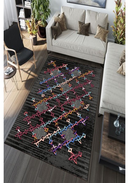 Woolly Renkli Molekül Desenli Siyah Halı (Makinada Yıkanabilir Kaymaz Dot Taban) - ES1186