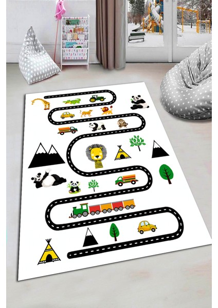 Woolly Yol Desenli Çocuk Odası Halısı (Makinada Yıkanabilir Kaymaz Dot Taban) - ES1175