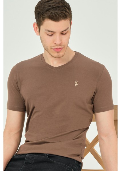 T8568 Dewberry V Yaka Erkek T-Shirt-Kahve
