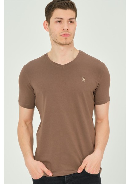 T8568 Dewberry V Yaka Erkek T-Shirt-Kahve modelleri