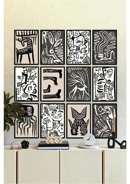 Çerçevesiz Çerçeve Görünümlü 12 Parça Abstract Yeni Yıl Hediyelik Çoklu Baskı Seti Mdf Baskı ÖZC-MDF12J