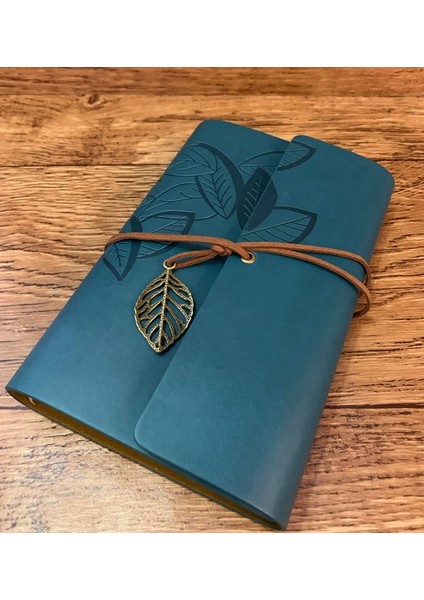 Yaprak Tasarımlı Retro Deri Defter + Kalem Hediyeli (Petrol Mavisi)
