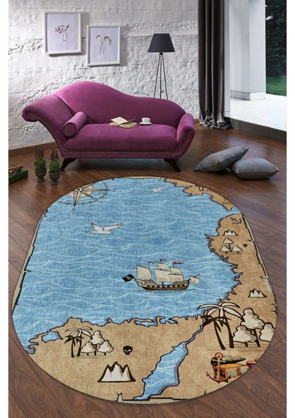 Esta Korsan Adası Oval Çocuk Odası Halısı (Makinada Yıkanabilir Kaymaz Dot Taban) - ES1304-2
