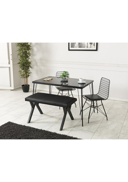 Berra Siyah Mermer Görünümlü Metal Ayaklı Mutfak Masası ve Bench Takımı