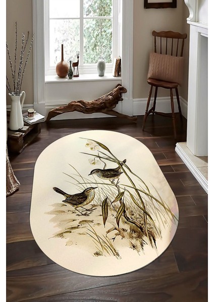 Esta Serçe Motifli Oval Halı (Makinada Yıkanabilir Kaymaz Dot Taban) - ES1310-2
