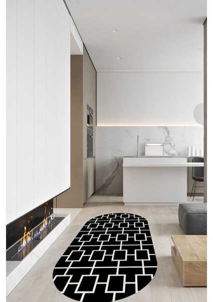 Esta Siyah Kutu Desenli Oval Halı (Makinada Yıkanabilir Kaymaz Dod Taban) - ES554