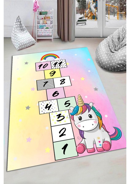 Esta Ünicorn Seksek Desenli Çocuk Odası Halısı (Makinada Yıkanabilir Kaymaz Dot Taban) - ES1176