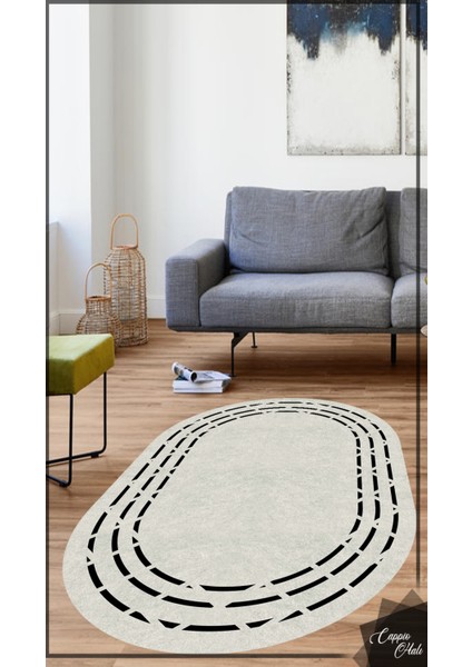 Esta Zigzag Şerit Desenli Oval Halı (Makinada Yıkanabilir Kaymaz Dot Taban) - ES1104