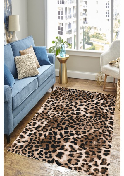 Esta Leopar Desenli Koyu Renkli Halı (Makinada Yıkanabilir) - Hp22