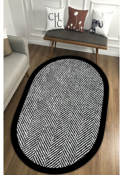 Esta Siyah Çerçeveli Çizgisel Oval Halı (Makinada Yıkanabilir Kaymaz Dot Taban) - Es1243-2