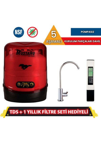 5 Aşamalı Mustang Su Arıtma Cihazı Kırmızı (Nsf Onaylı Tank ve Filtre + Anti Bakteriyel) + Tds ve 1 Yıllık Filtre Seti Hediyeli fiyatları