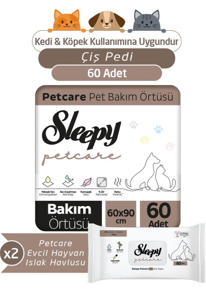 Petcare 2X30 Adet Pet Bakım Örtüsü + 2X60 Evcil Hayvan Islak Havlusu